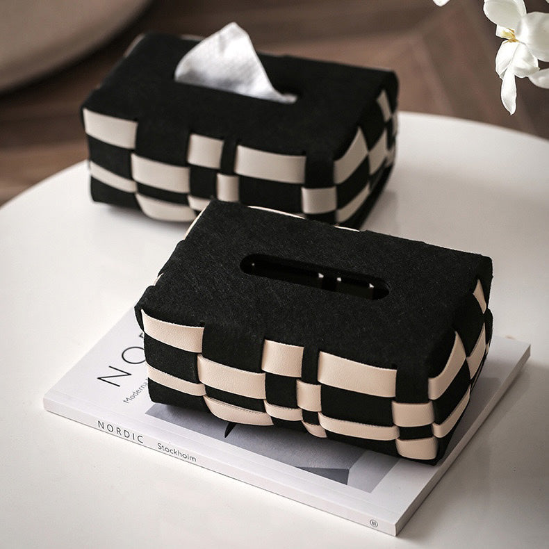 Basket Weave Vegan Leather Tissue Box Black And Beige Nestasia