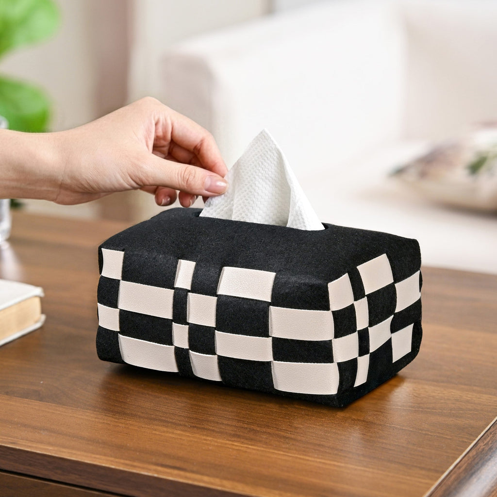 Basket Weave Vegan Leather Tissue Box Black And Beige Nestasia