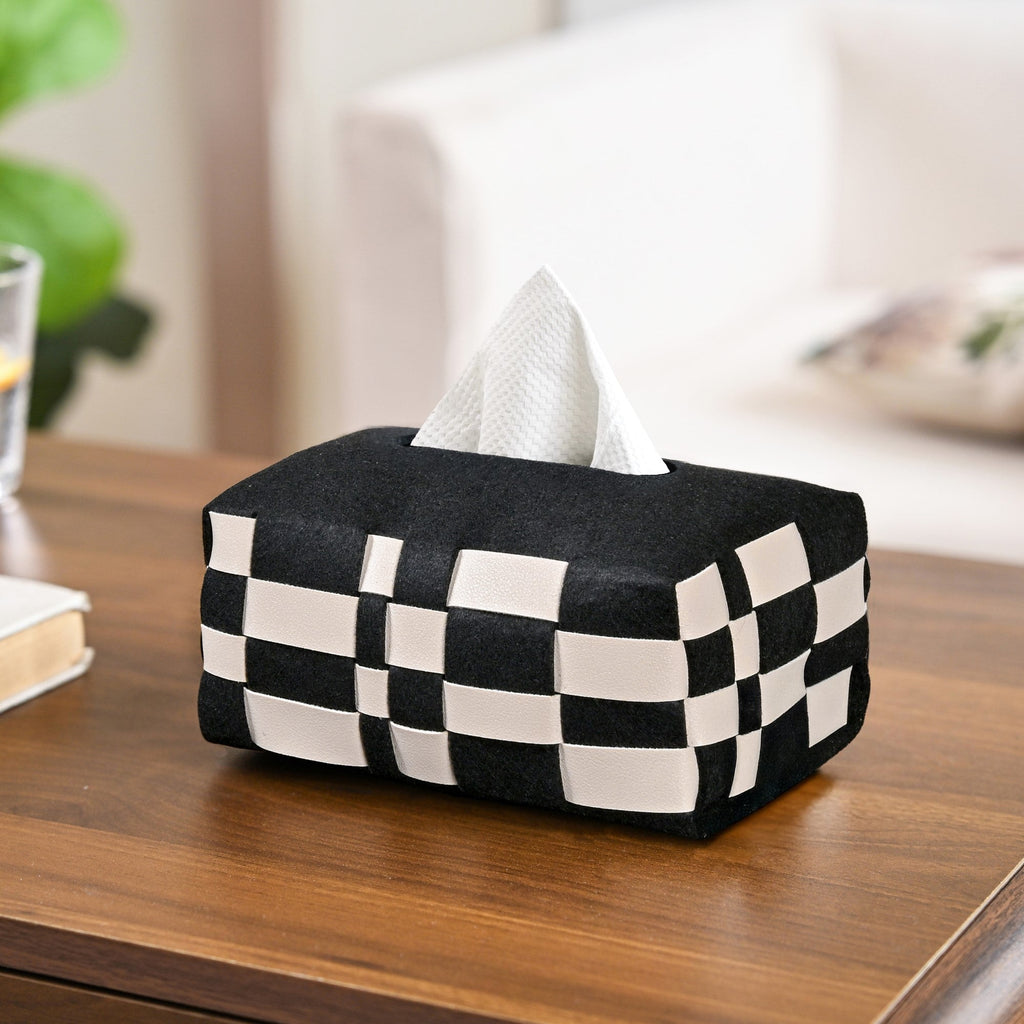 Basket Weave Vegan Leather Tissue Box Black And Beige Nestasia
