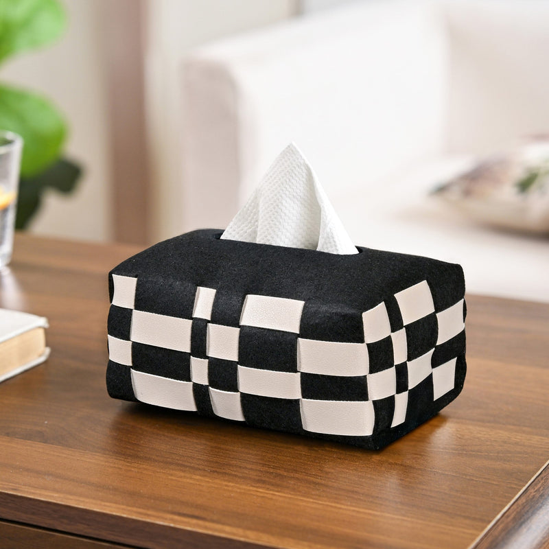 Basket Weave Vegan Leather Tissue Box Black And Beige Nestasia