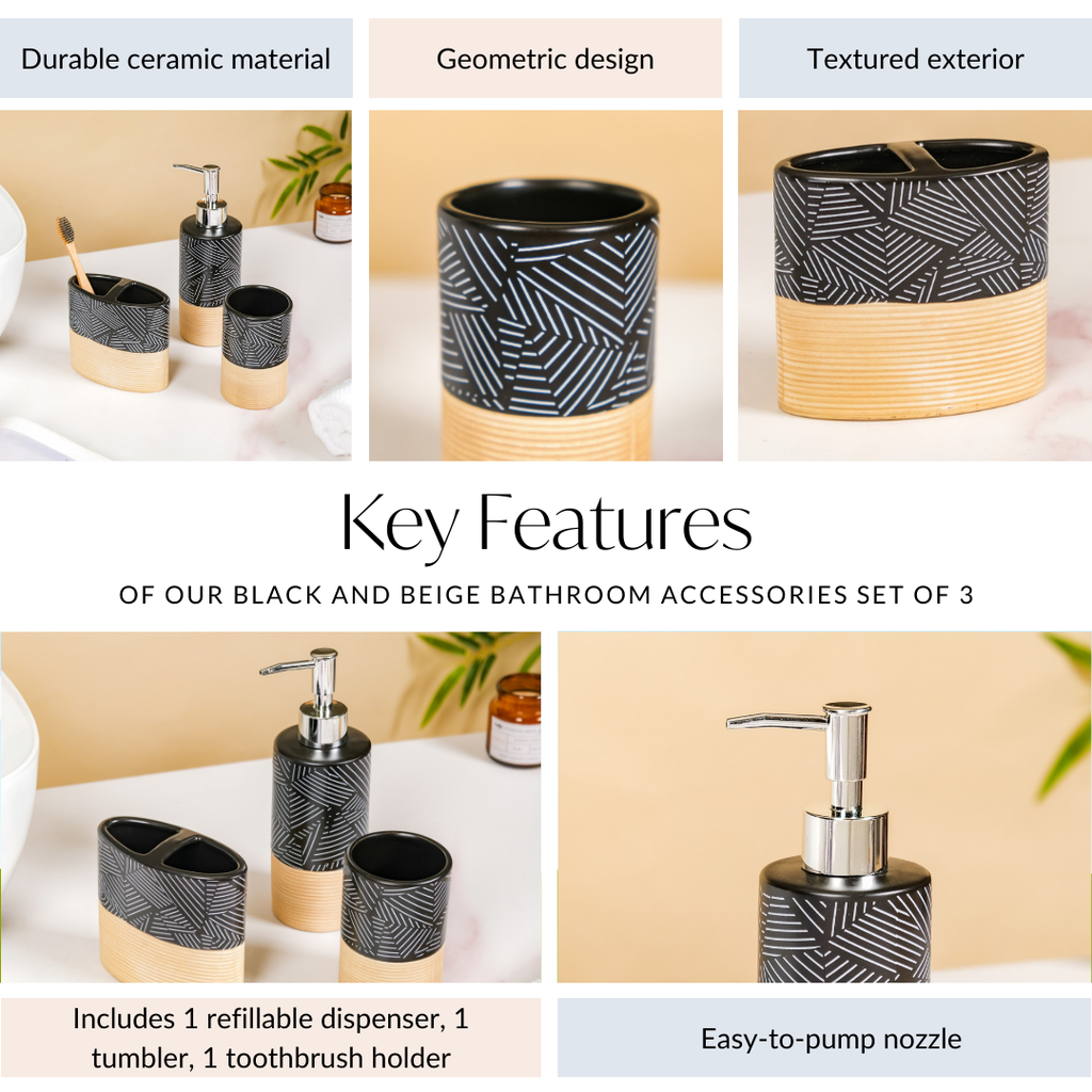 Black Beige Bathroom Accessories Set Of 3 Nestasia