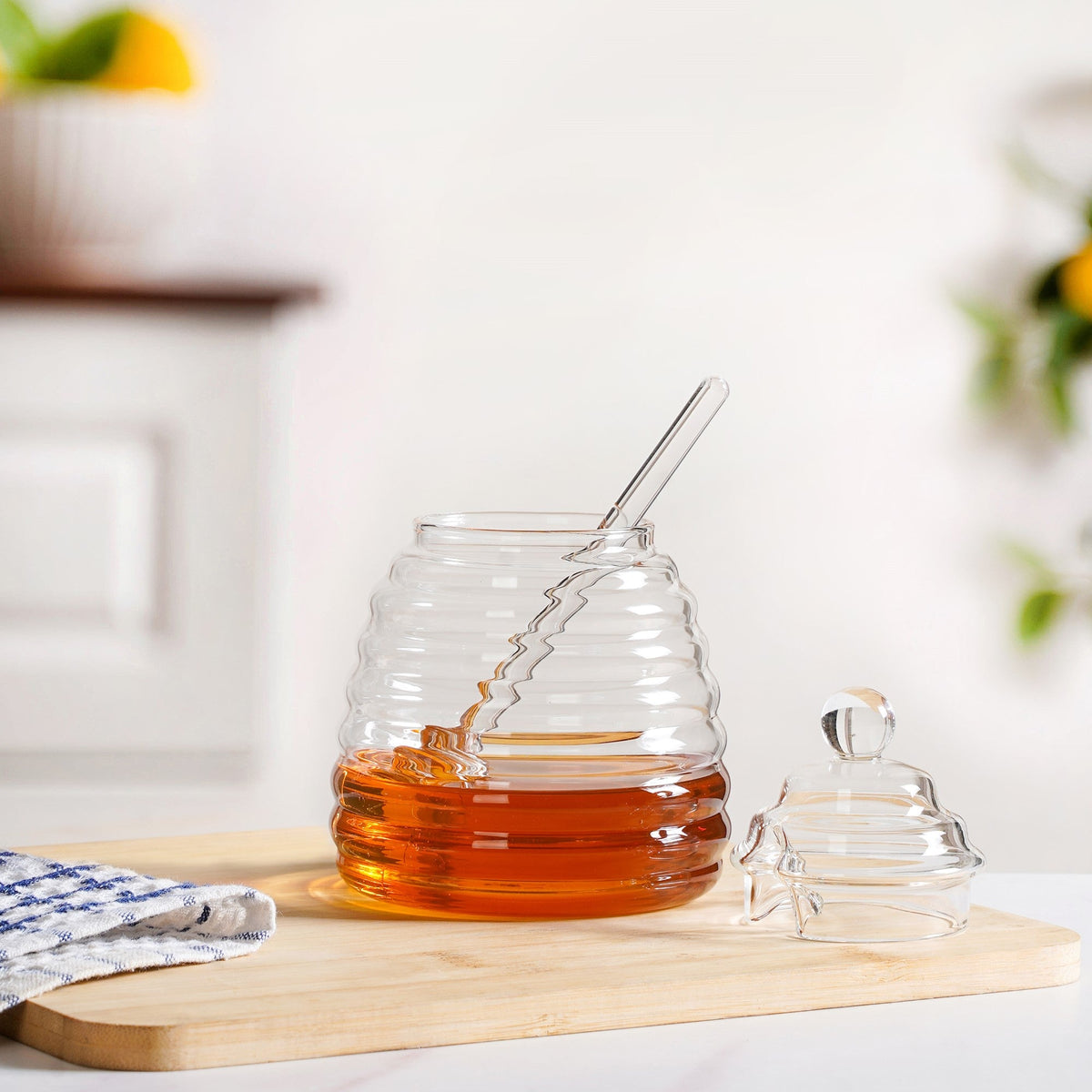 Beehive Glass Honey Jar With Dipper And Lid 480ml Nestasia