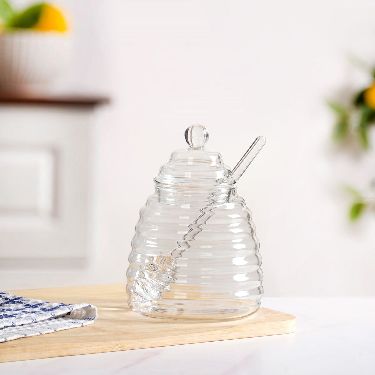 Beehive Glass Honey Jar With Dipper And Lid 480ml Nestasia