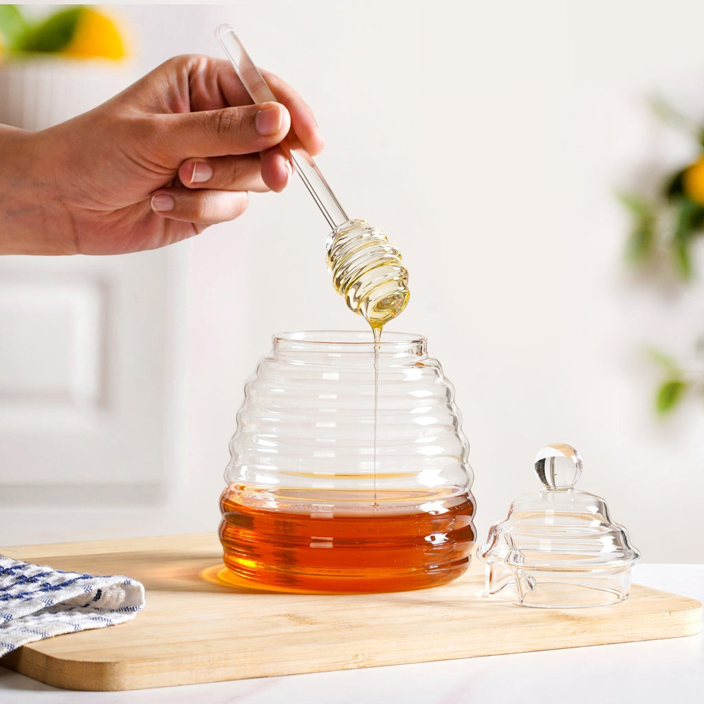 Beehive Glass Honey Jar With Dipper And Lid 480ml Nestasia
