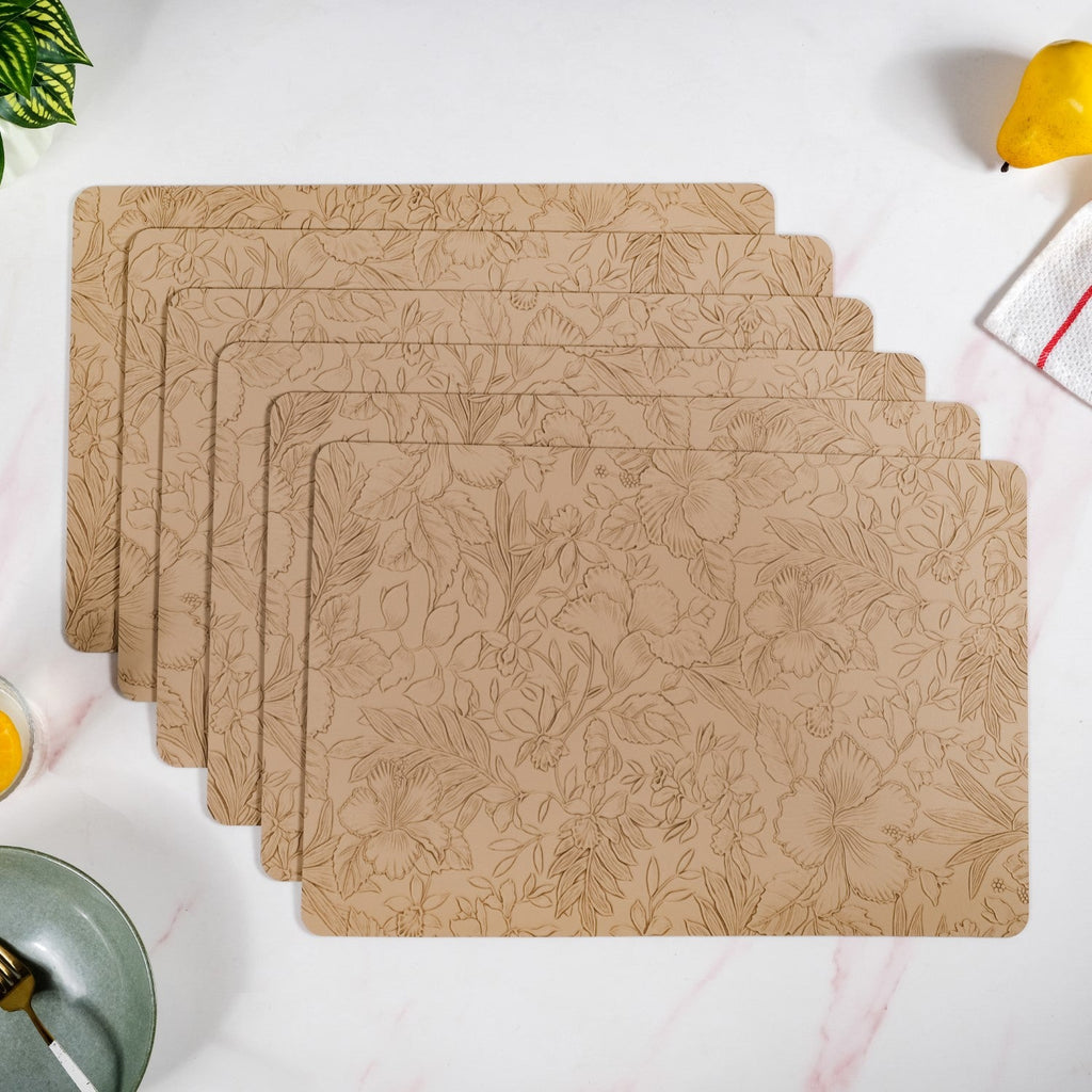 Beige Embossed Hibiscus Rectangular Placemats Set Of 6 Nestasia