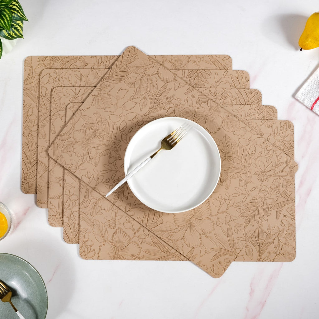 Beige Embossed Hibiscus Rectangular Placemats Set Of 6 Nestasia