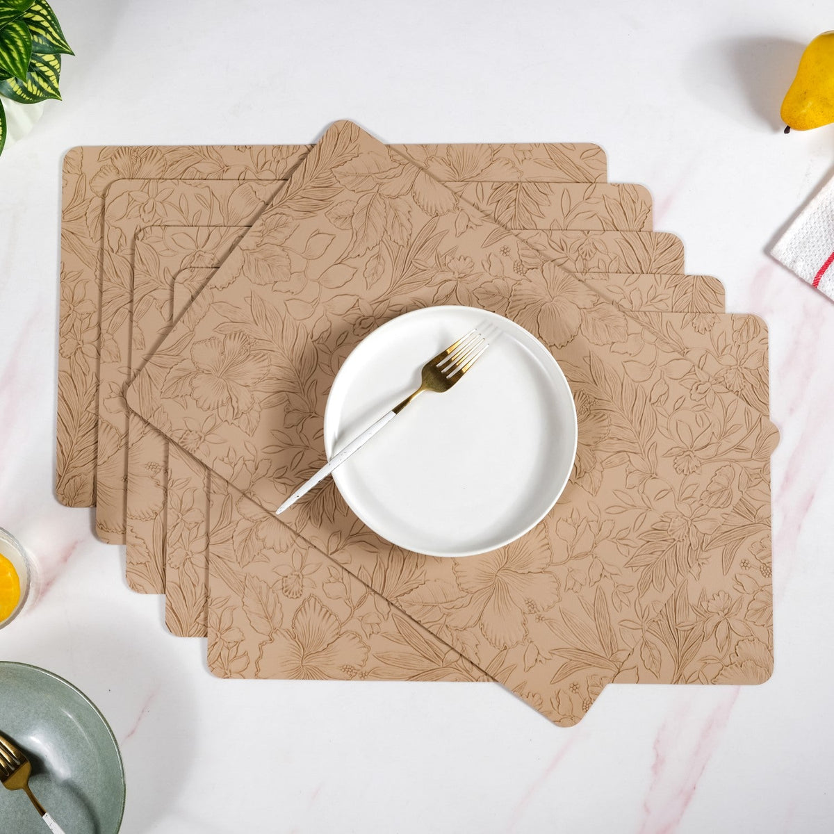 Beige Embossed Hibiscus Rectangular Placemats Set Of 6 Nestasia