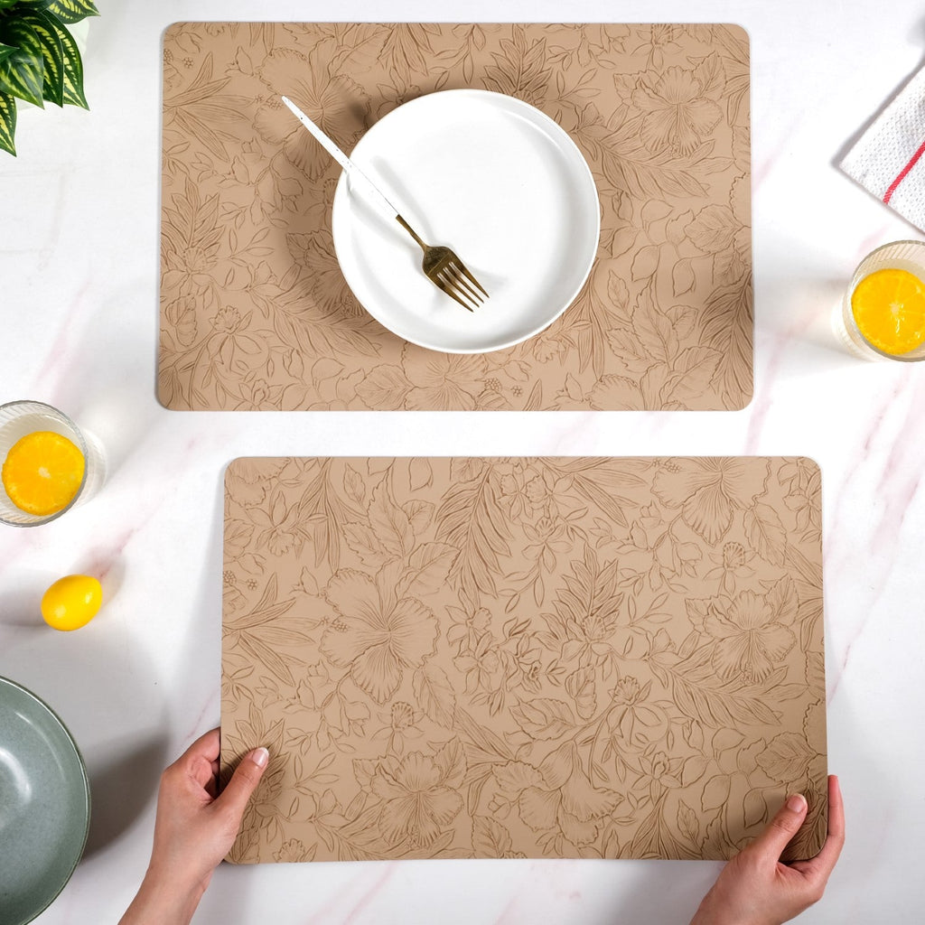 Beige Embossed Hibiscus Rectangular Placemats Set Of 6 Nestasia