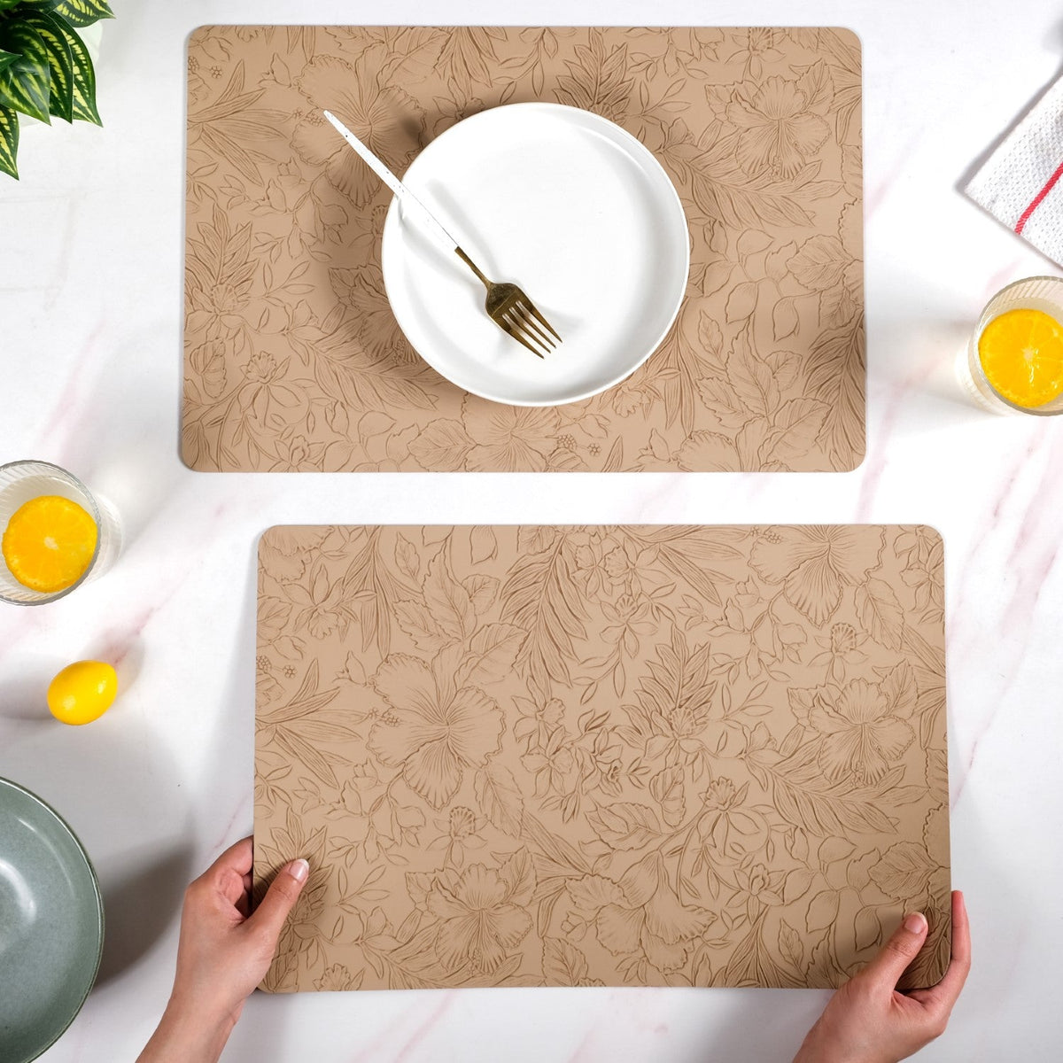 Beige Embossed Hibiscus Rectangular Placemats Set Of 6 Nestasia