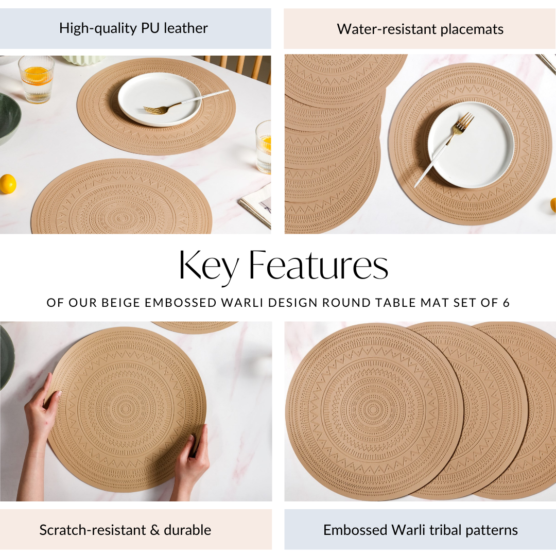 Beige Embossed Warli Design Round Table Mat Set Of 6 Nestasia