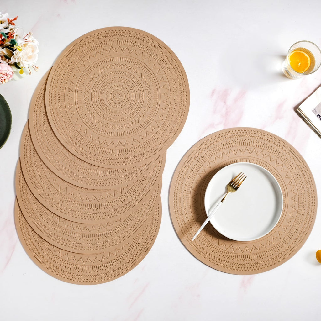 Beige Embossed Warli Design Round Table Mat Set Of 6 Nestasia