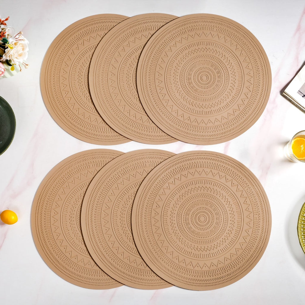 Beige Embossed Warli Design Round Table Mat Set Of 6 Nestasia