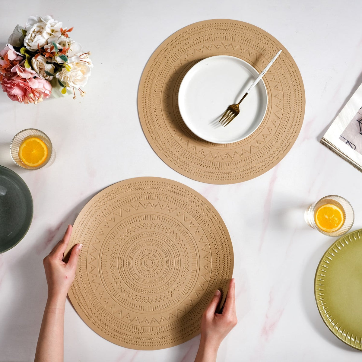Beige Embossed Warli Design Round Table Mat Set Of 6 Nestasia