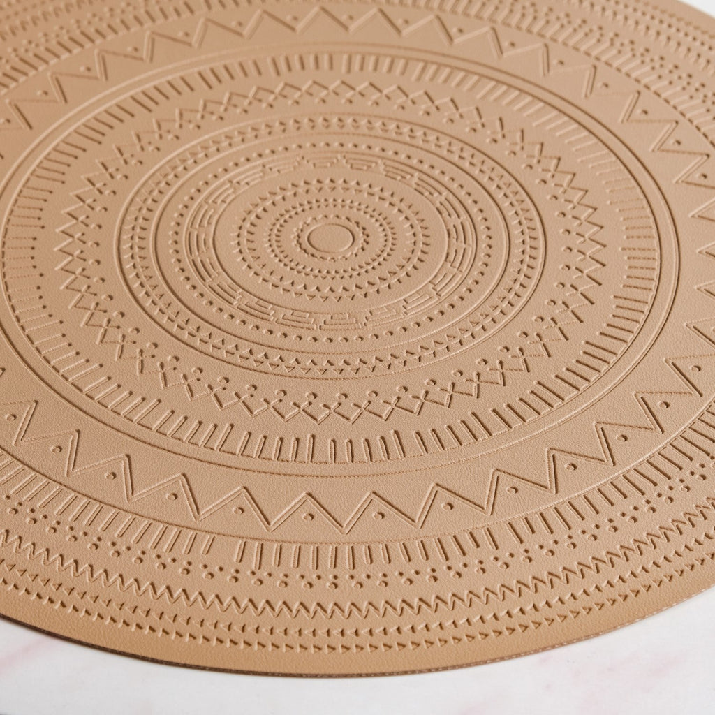 Beige Embossed Warli Design Round Table Mat Set Of 6 Nestasia