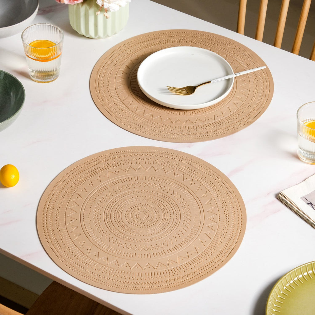 Beige Embossed Warli Design Round Table Mat Set Of 6 Nestasia