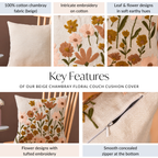 Beige Chambray Floral Couch Cushion Cover 40x40cm Nestasia