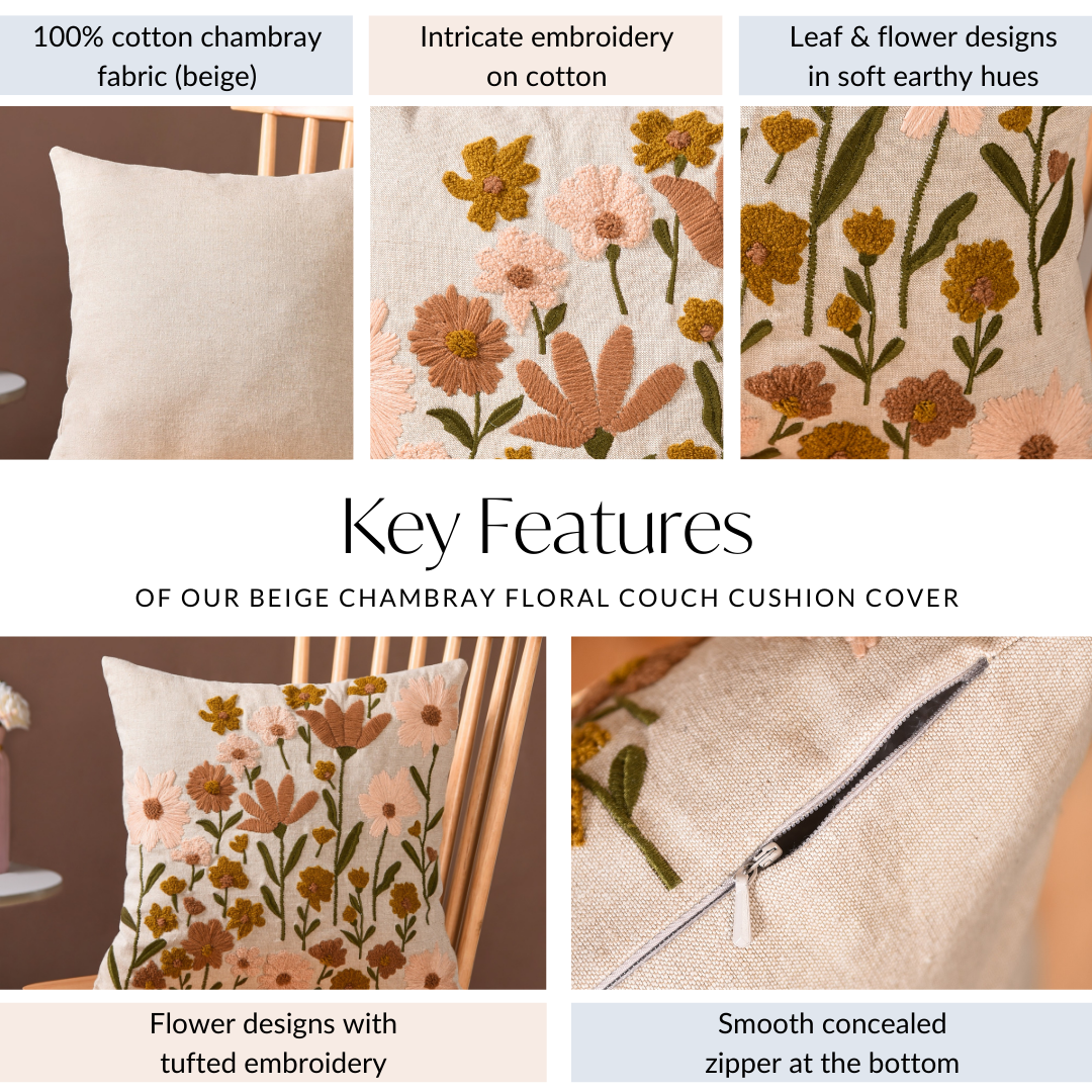 Beige Chambray Floral Couch Cushion Cover 40x40cm Nestasia