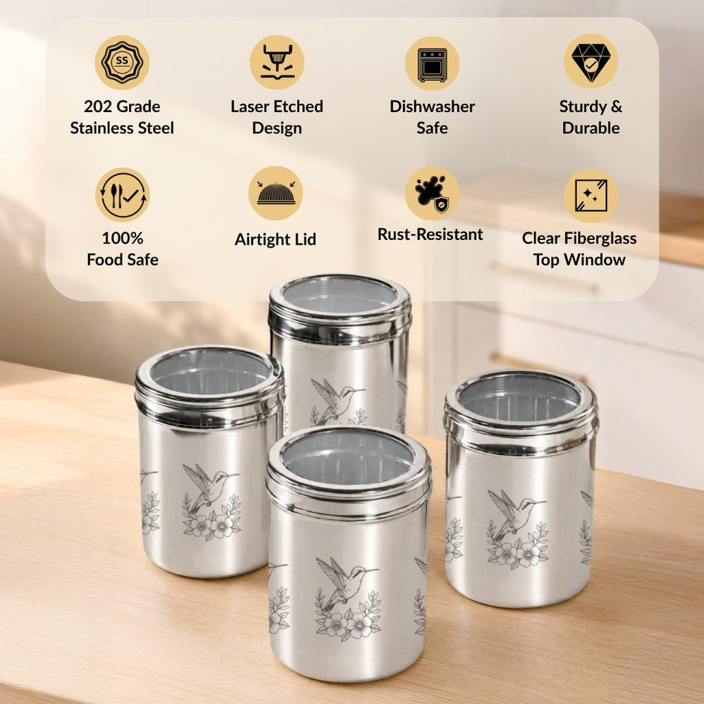 Bird Etched Airtight Steel Top Window Jar Set Of 4 1250ml Nestasia