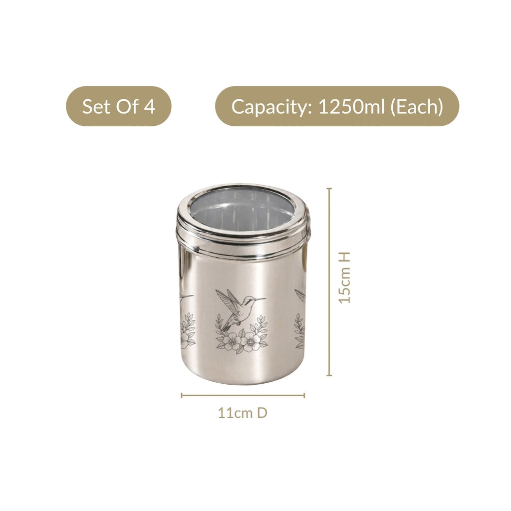 Bird Etched Airtight Steel Top Window Jar Set Of 4 1250ml Nestasia