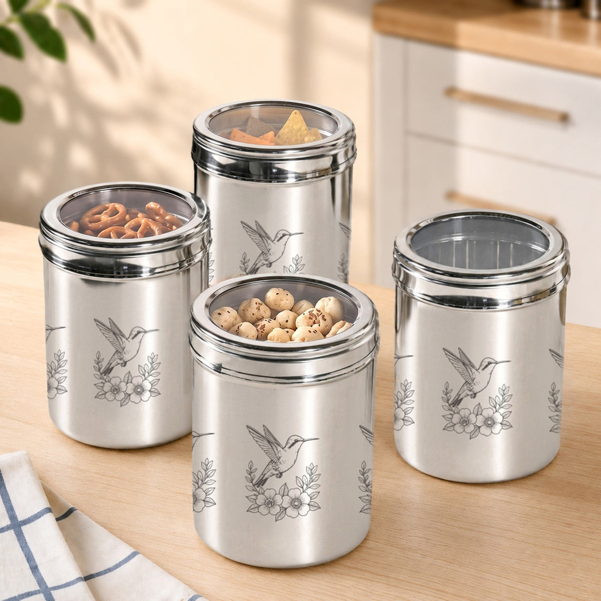 Bird Etched Airtight Steel Top Window Jar Set Of 4 1250ml Nestasia