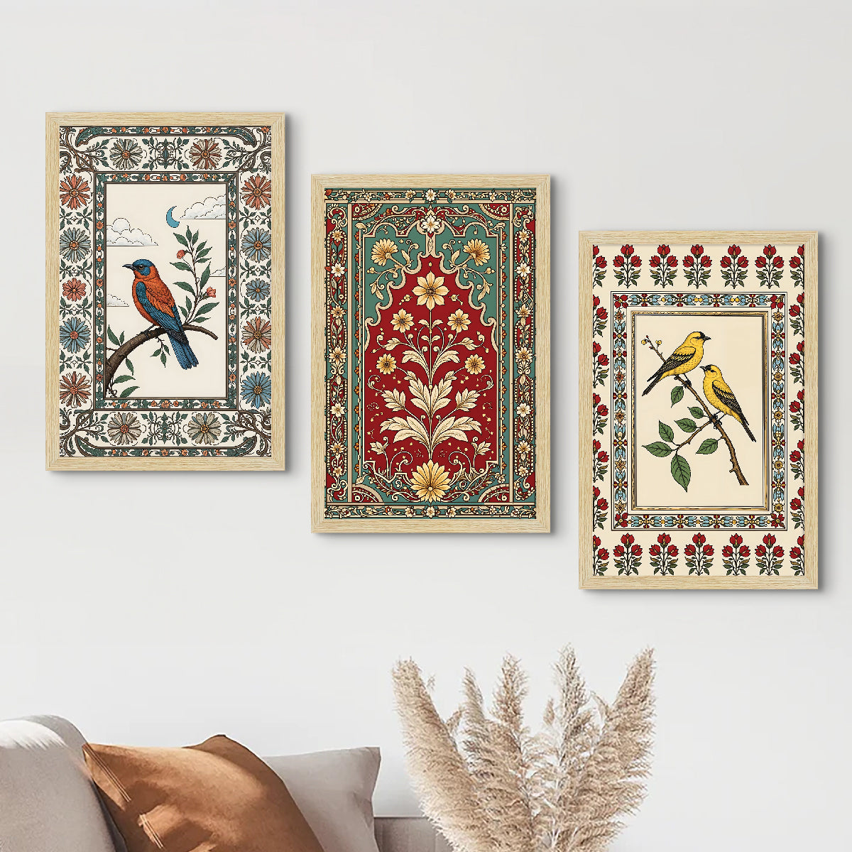 Birds Floral Madhubani Art Paintings, Painting For Wall Living Room, Set of 3 AXIII-39-MDB ArtX