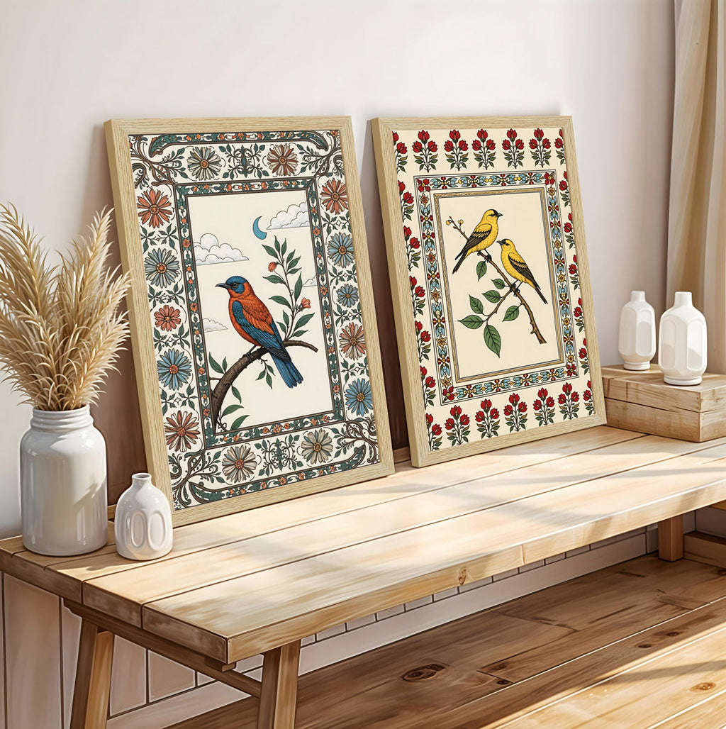Birds Floral Madhubani Art Paintings, Painting For Wall Living Room, Set of 3 AXIII-39-MDB ArtX