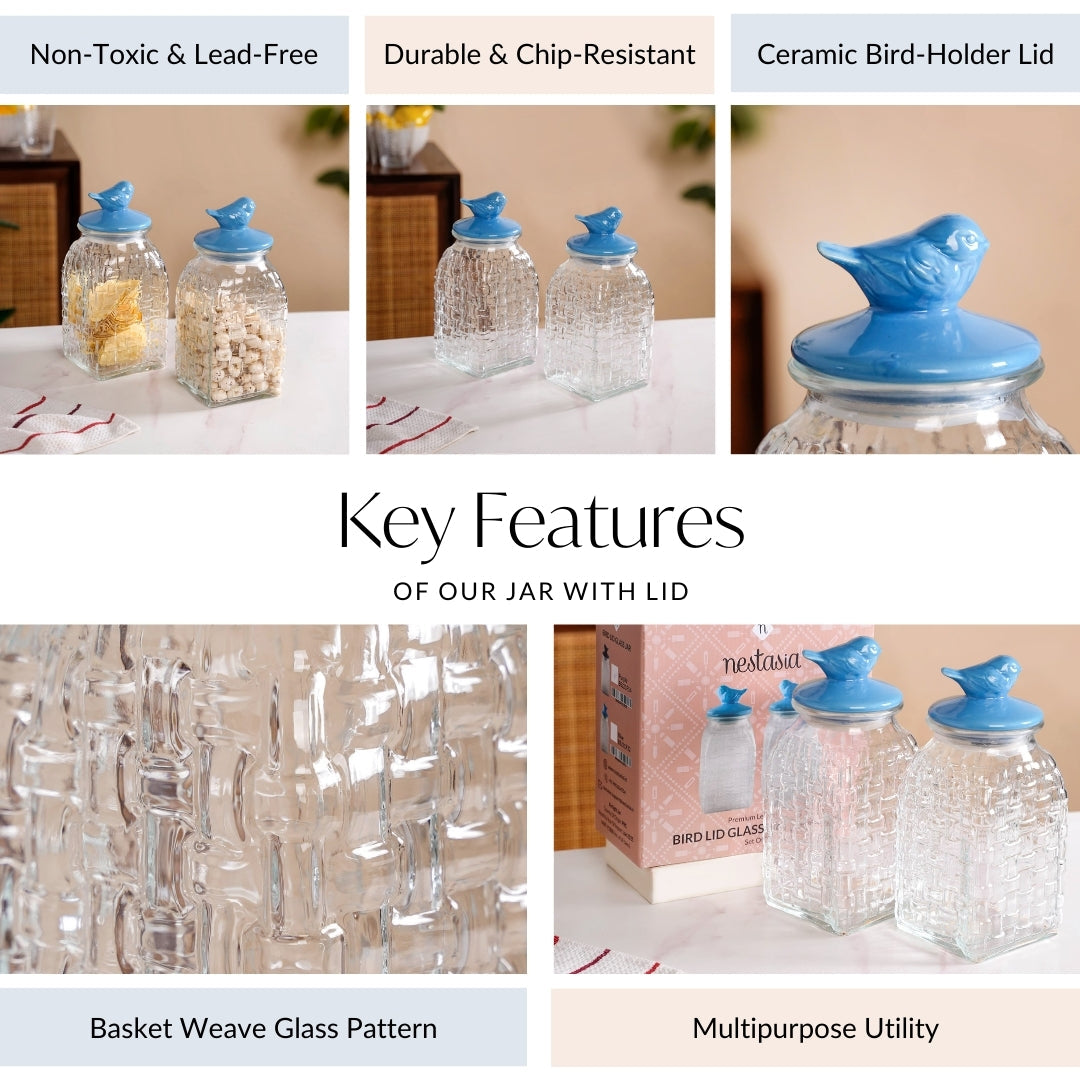 Bird Glass Jar With Blue Ceramic Lid Set Of 2 1500ml Nestasia
