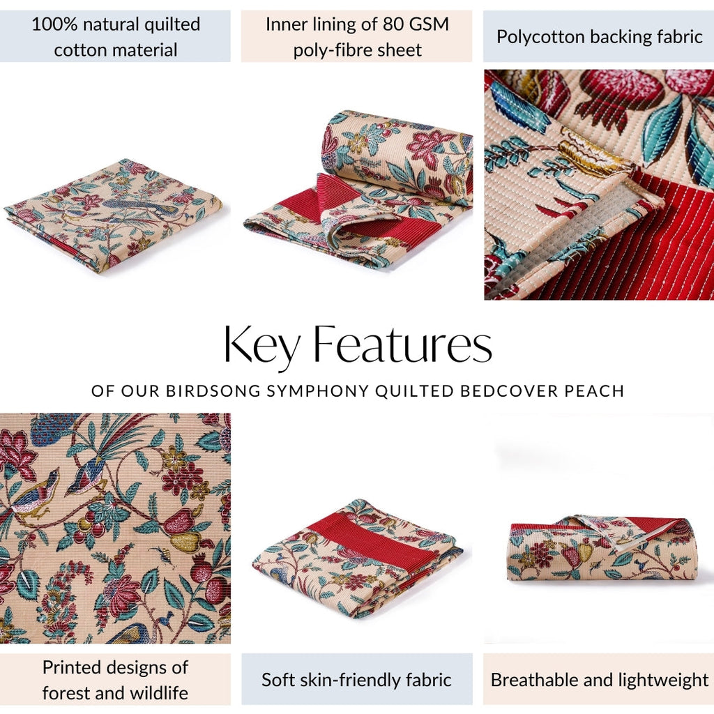 Birdsong Symphony Quilted Bedcover Peach 254x216cm Nestasia