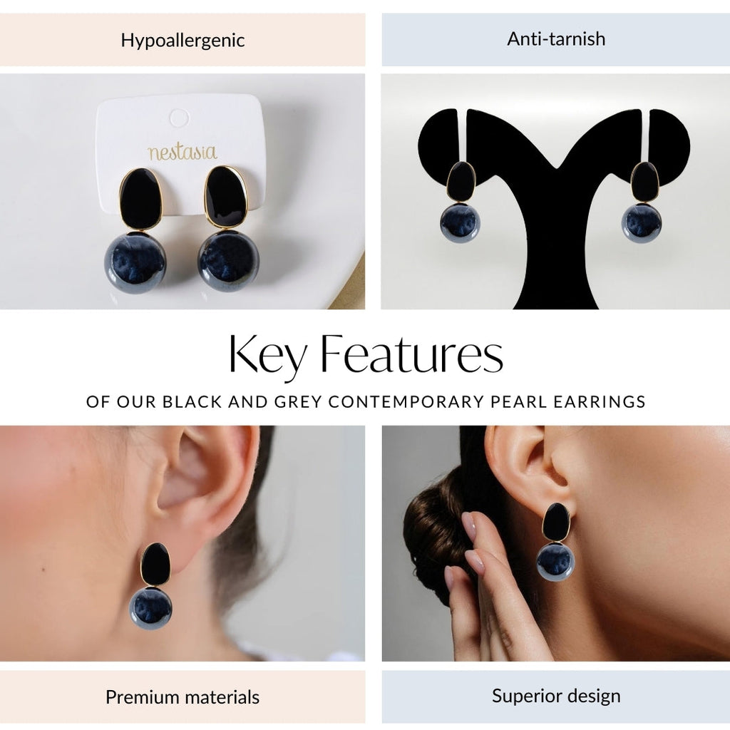 Black And Grey Contemporary Pearl Earrings Nestasia