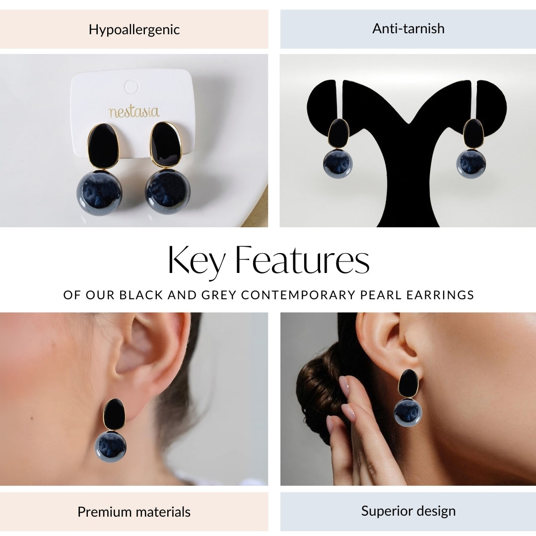 Black And Grey Contemporary Pearl Earrings Nestasia