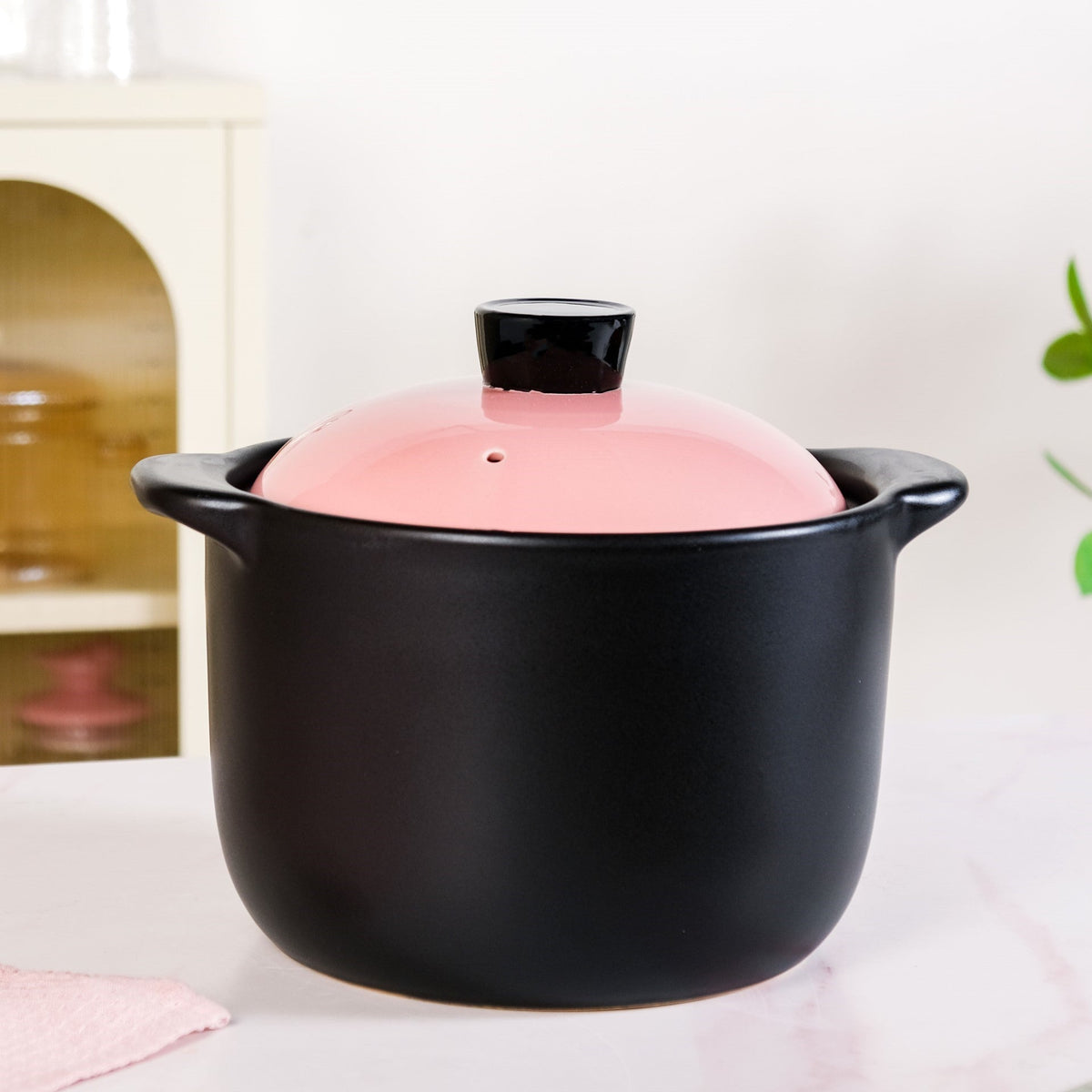 Flamora Big Ceramic Pot With Lid Pink Black 6000ml Nestasia