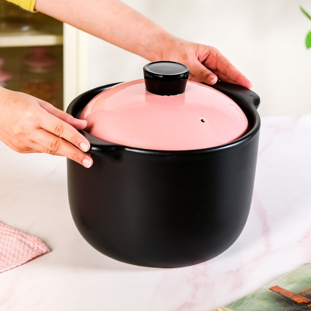 Flamora Big Ceramic Pot With Lid Pink Black 6000ml Nestasia