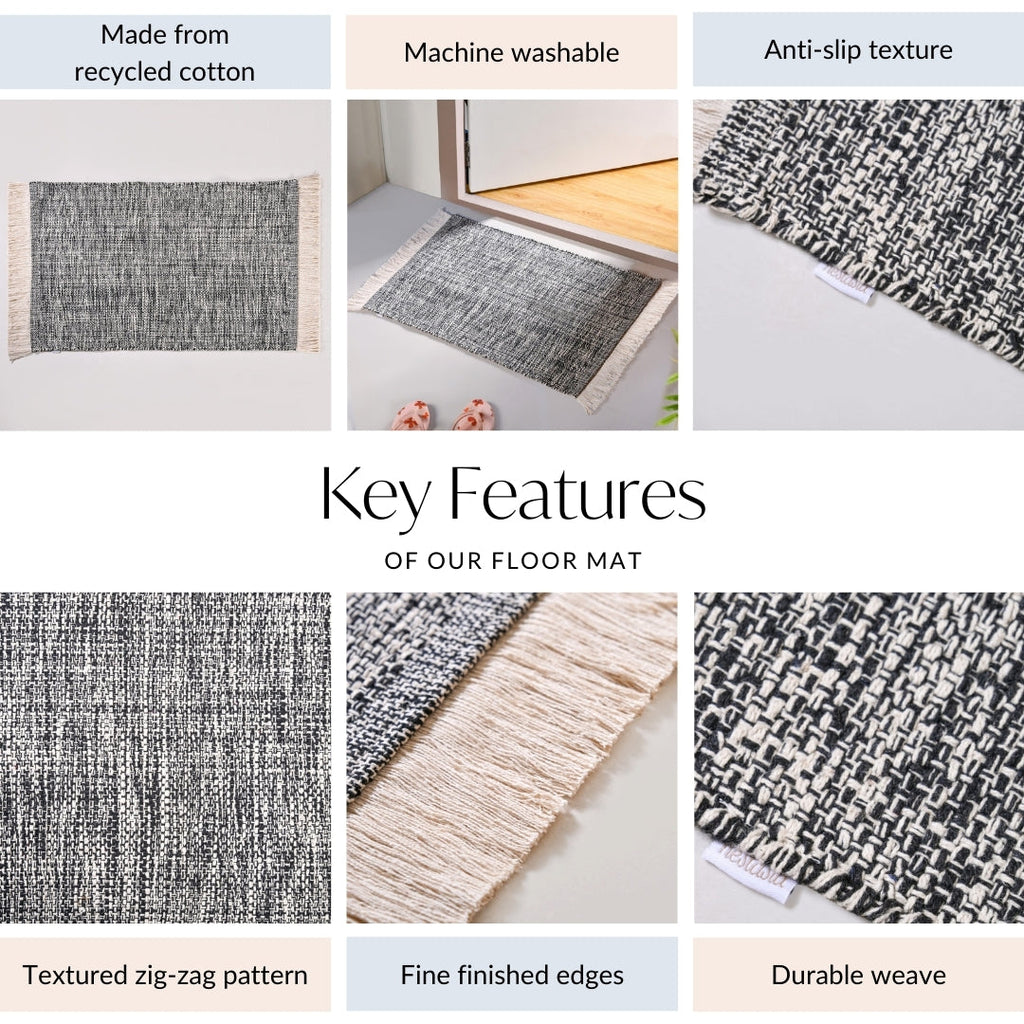 Black And White Tweed Cotton Anti Slip Floor Mat 96x53cm Nestasia