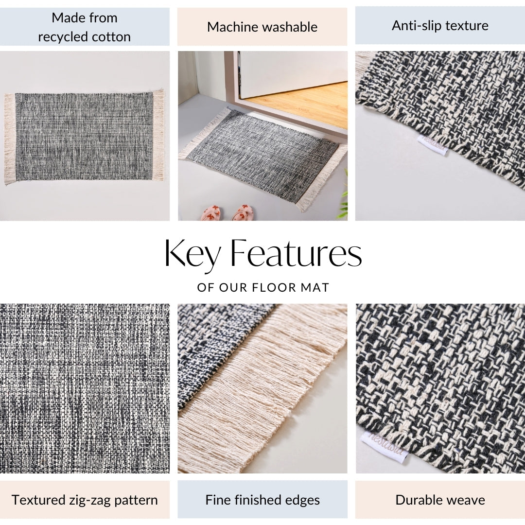 Black And White Tweed Cotton Anti Slip Floor Mat 96x53cm Nestasia