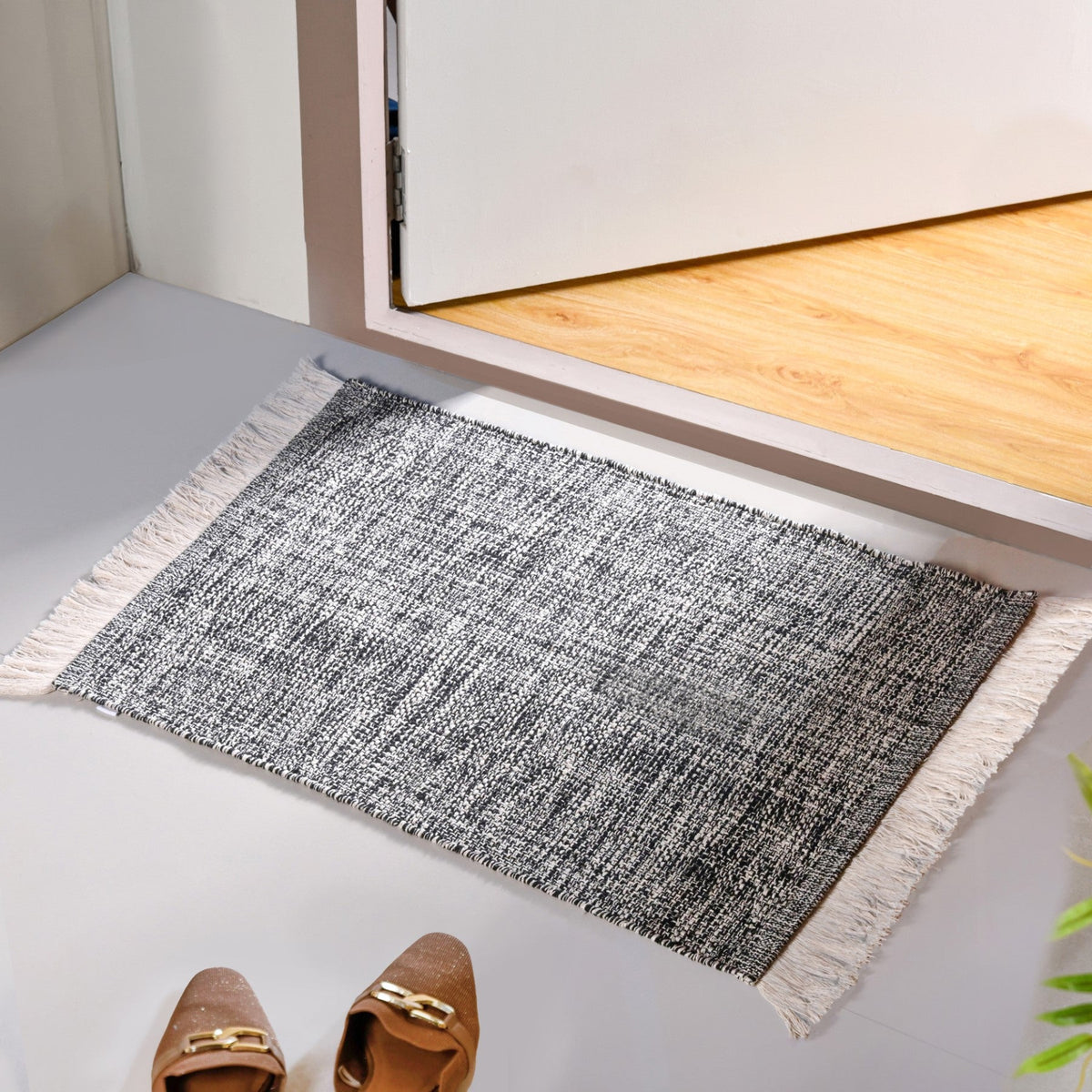 Black And White Tweed Cotton Anti Slip Floor Mat 96x53cm Nestasia
