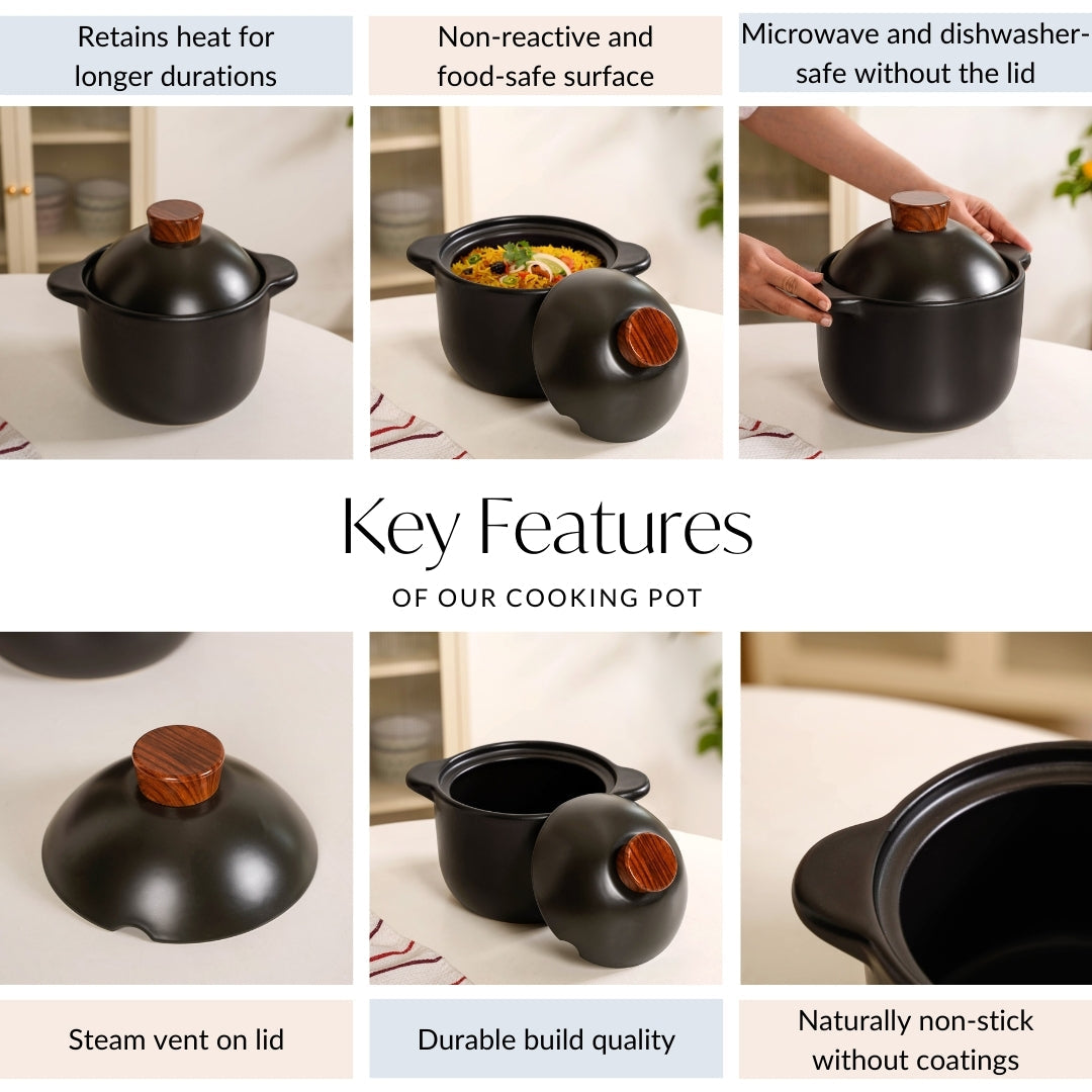 Maison Black Ceramic Cooking Pot With Lid 3700ml Nestasia