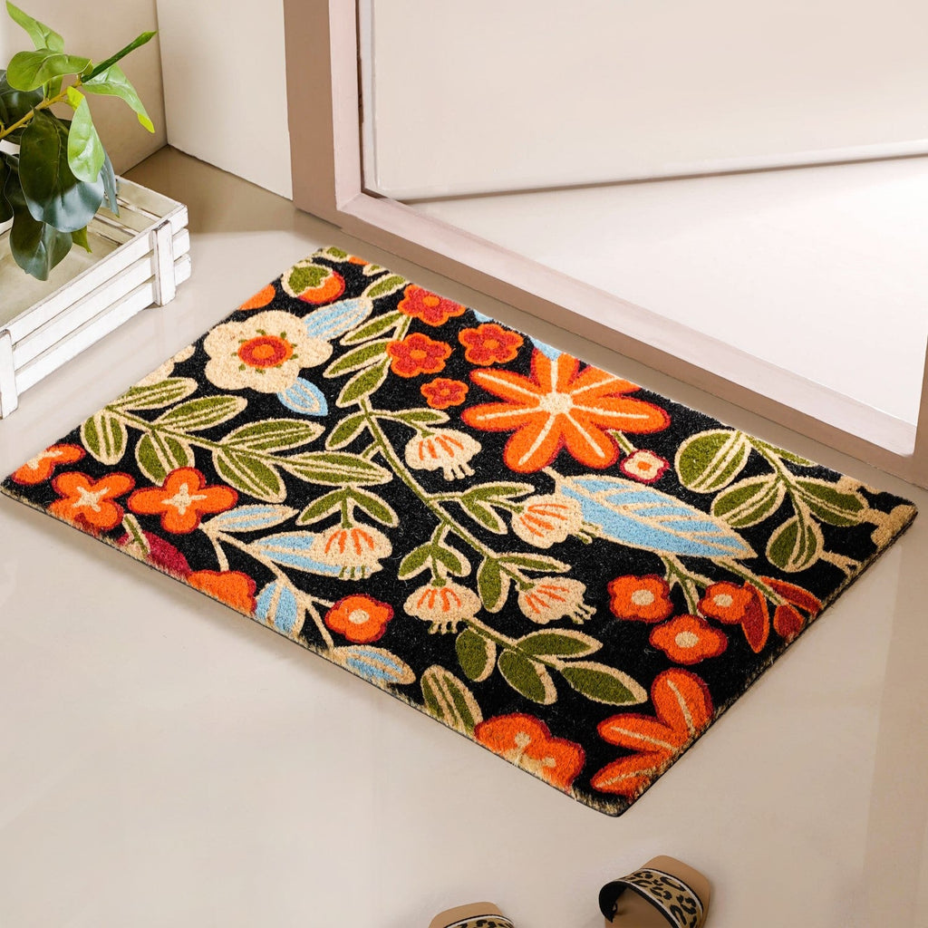 Black Floral Coir Mat 36x24 Inch Nestasia