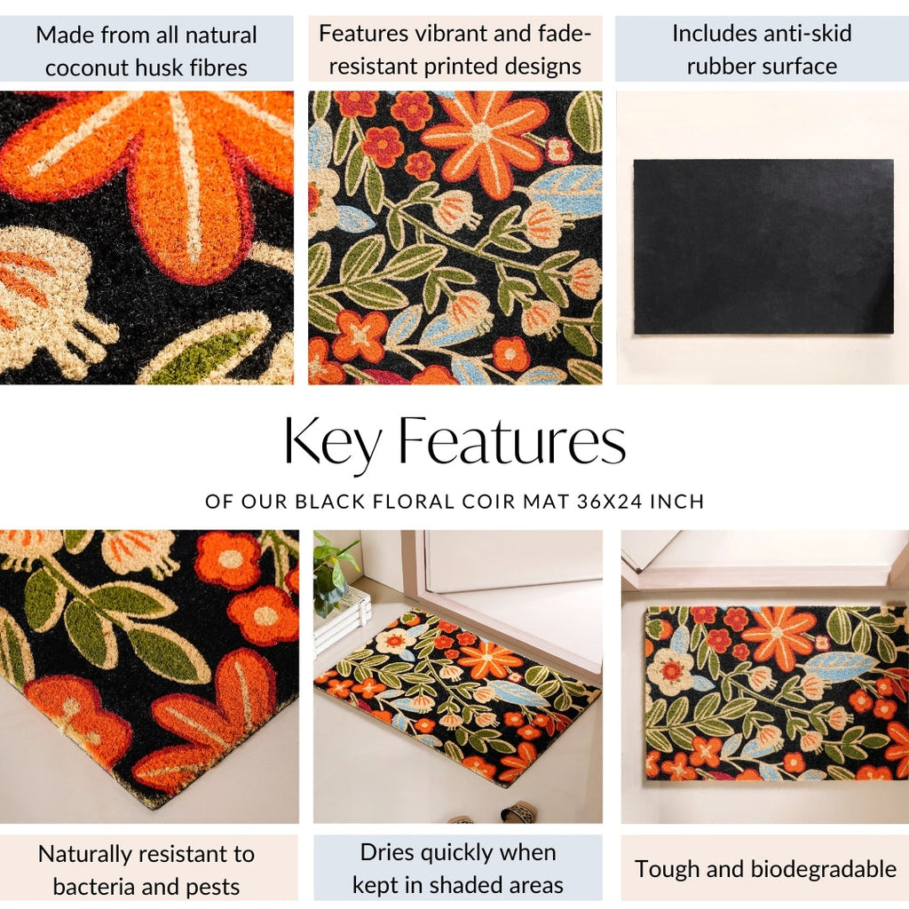 Black Floral Coir Mat 36x24 Inch Nestasia