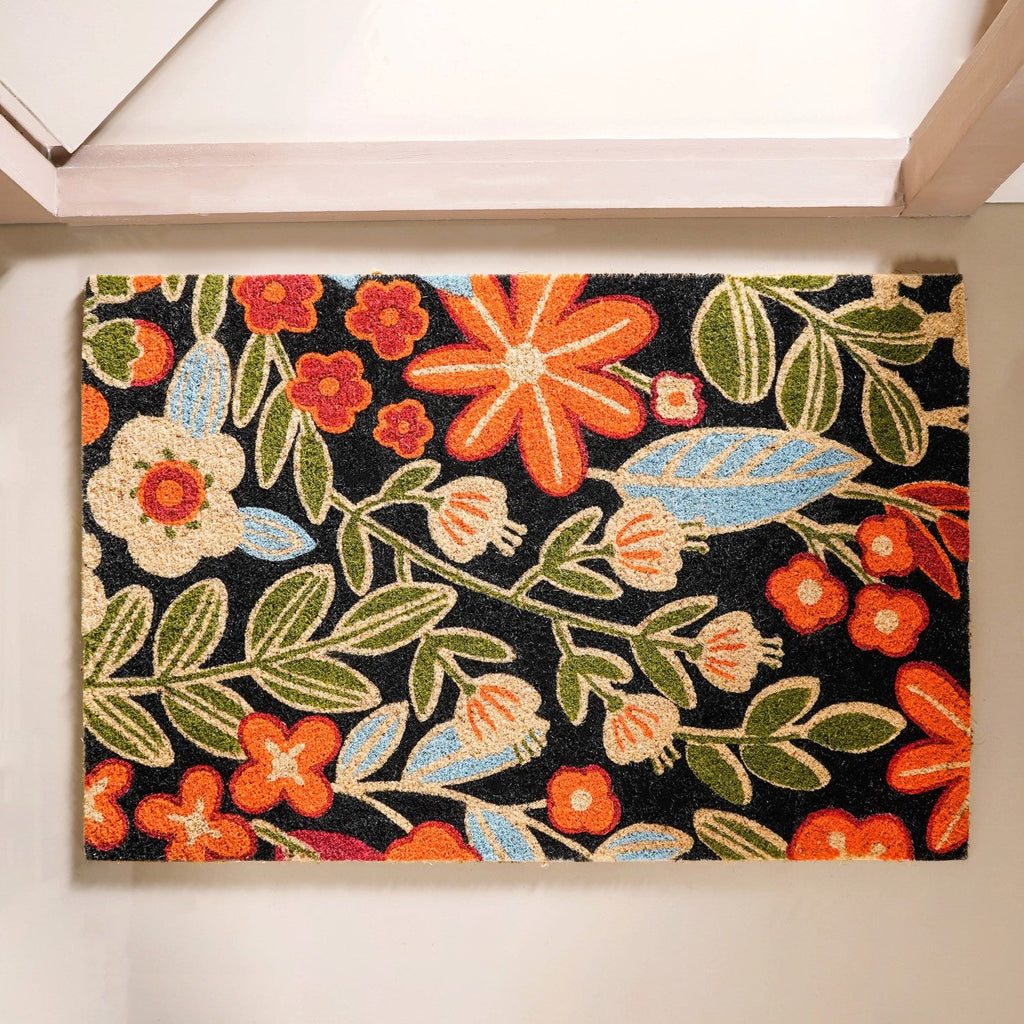 Black Floral Coir Mat 36x24 Inch Nestasia
