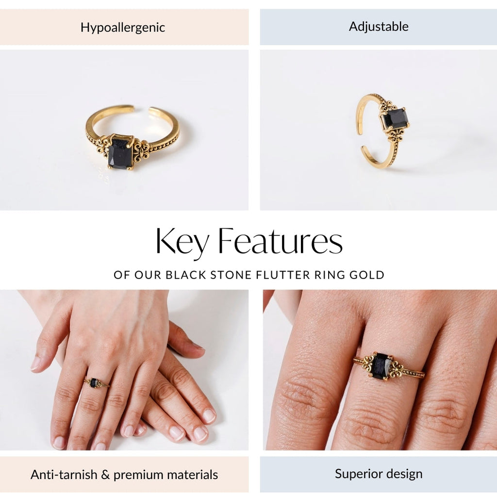 Black Stone Flutter Ring Gold Nestasia