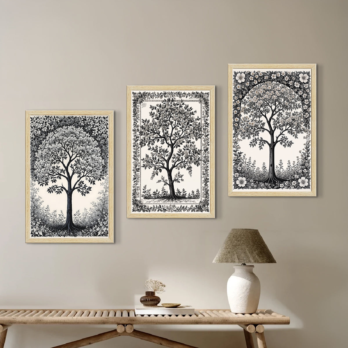 Black and White Floral Art Paintings, Painting For Wall Living Room, Set of 3 AXIII-47-VIN ArtX