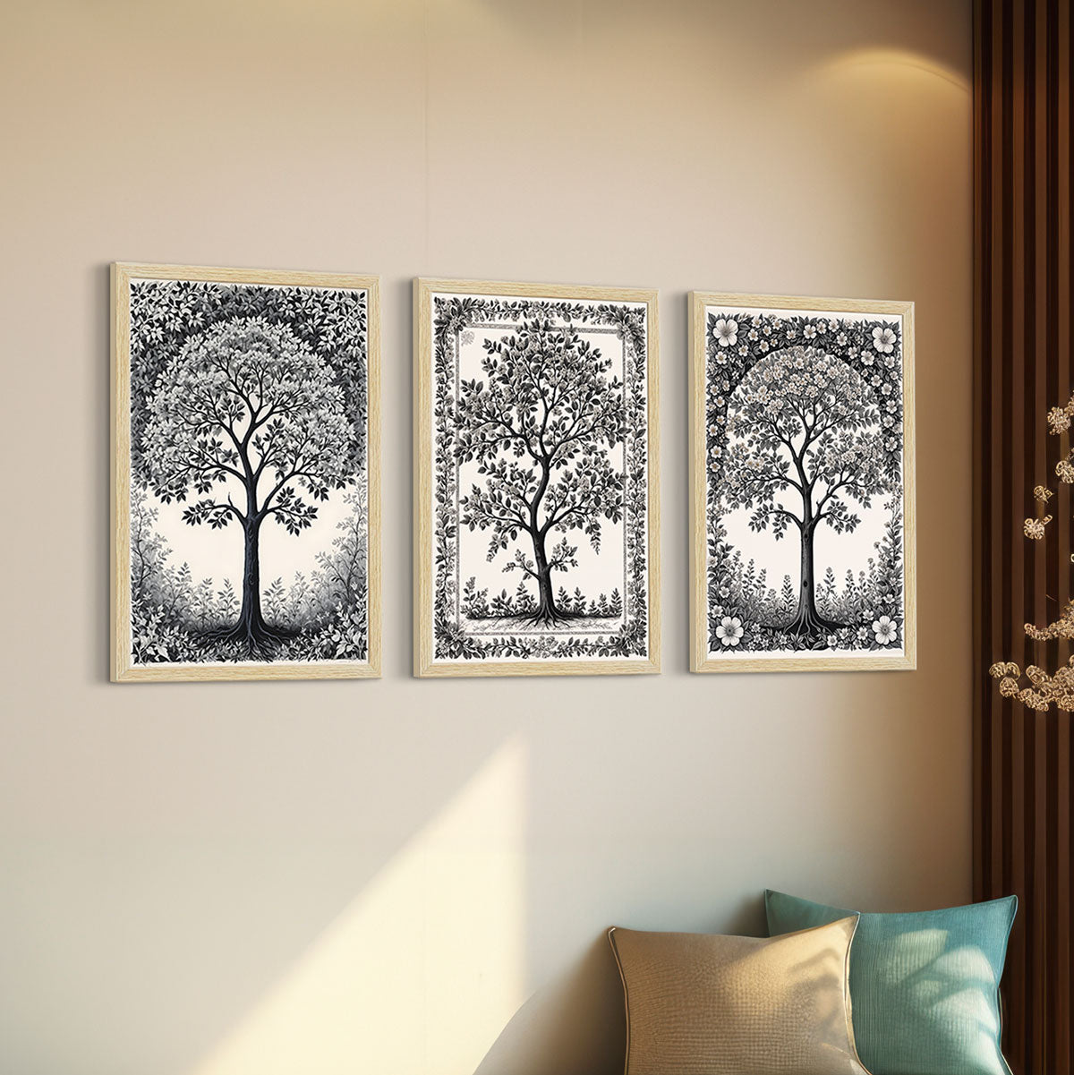 Black and White Floral Art Paintings, Painting For Wall Living Room, Set of 3 AXIII-47-VIN ArtX