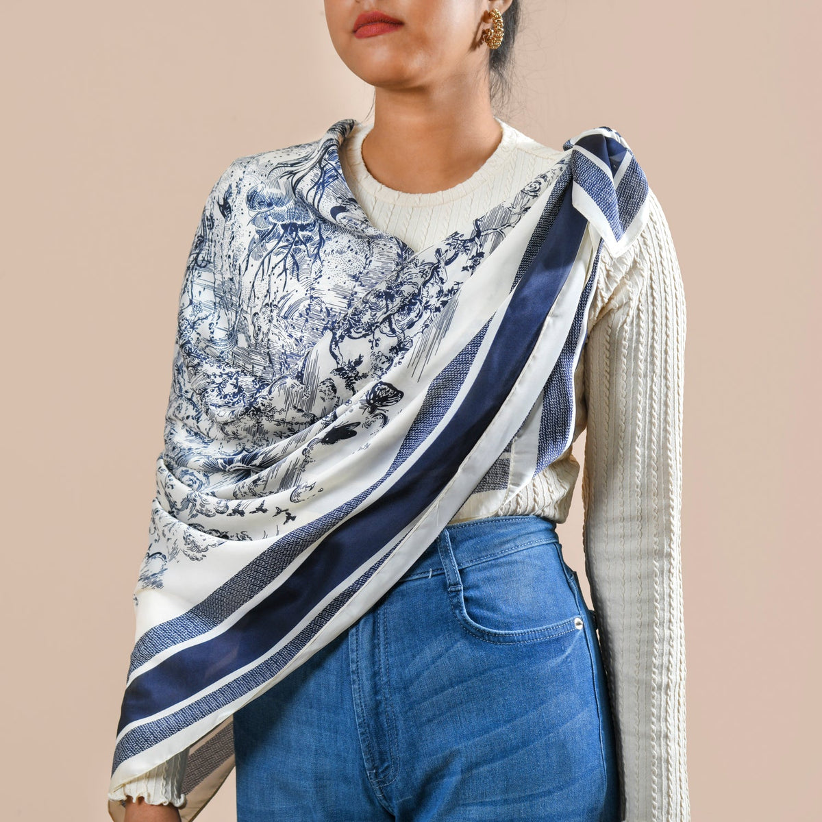 Toile De Jouy Pattern Fashion Silk Scarf Nestasia