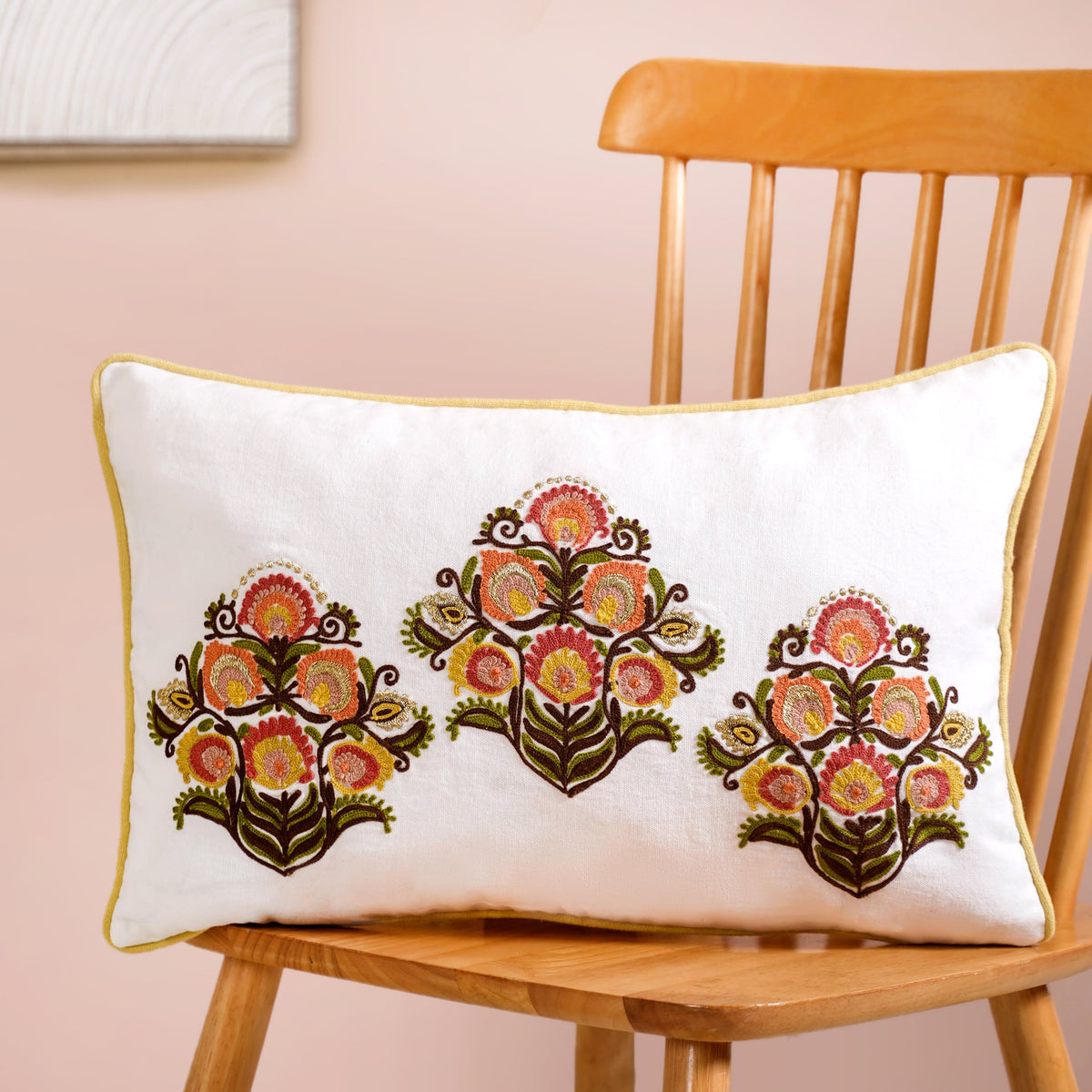 Bouquet Motif Cotton Canvas Embroidered Cushion Cover 50x30cm Nestasia