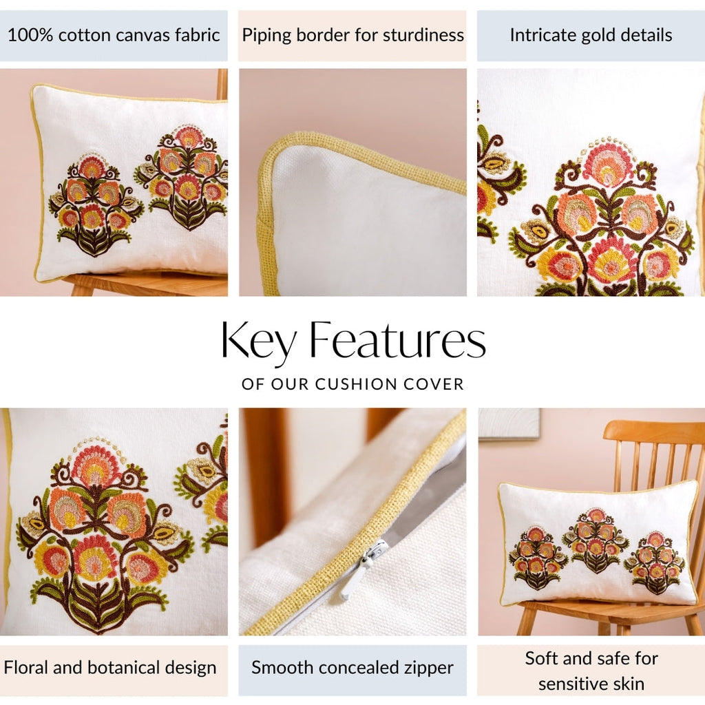 Bouquet Motif Cotton Canvas Embroidered Cushion Cover 50x30cm Nestasia