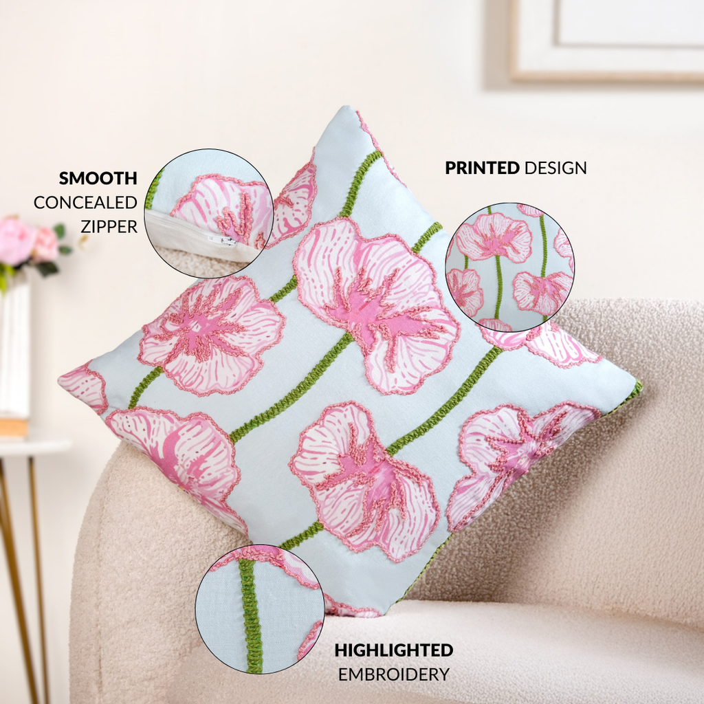 Blooming Blush Embroidered Cotton Cushion Cover 40x40cm Nestasia