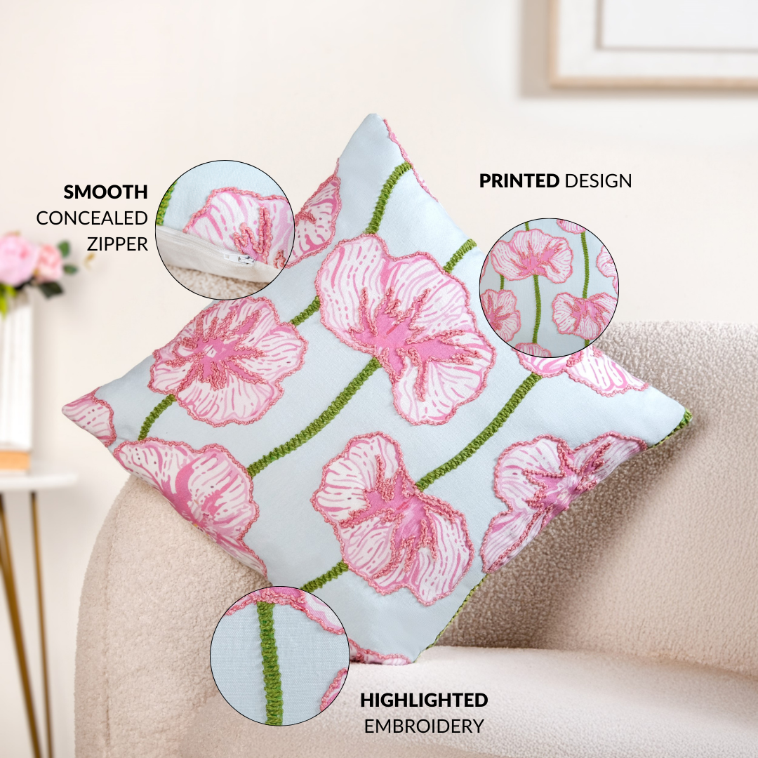 Blooming Blush Embroidered Cotton Cushion Cover 40x40cm Nestasia