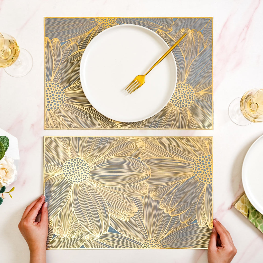 Chic Flower Rectangle Table Mat Set Of 6 Gold Blue Nestasia