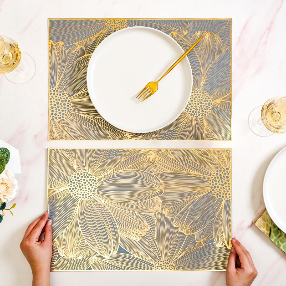Chic Flower Rectangle Table Mat Set Of 6 Gold Blue Nestasia