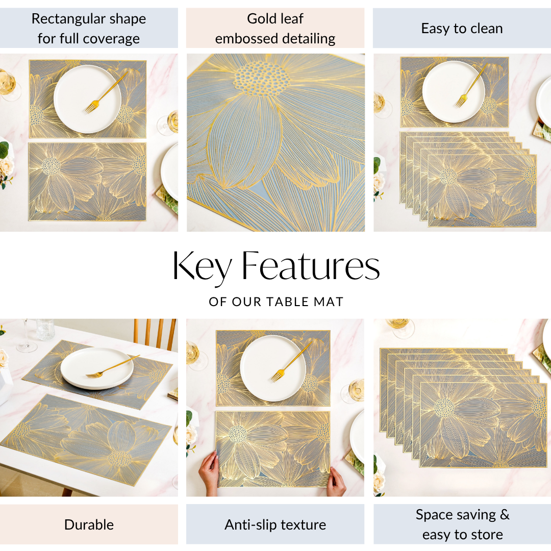Chic Flower Rectangle Table Mat Set Of 6 Gold Blue Nestasia